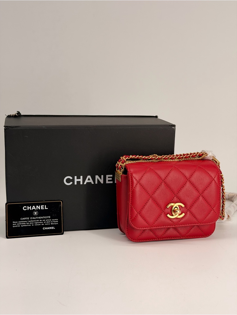 Chanel Cambon Mini Chain Red Lambskin Flap Bag